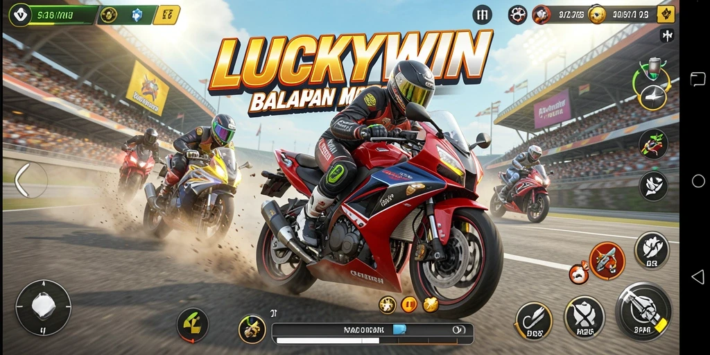 Tampilan gameplay seru di LUCKYWIN saat balapan motor.
