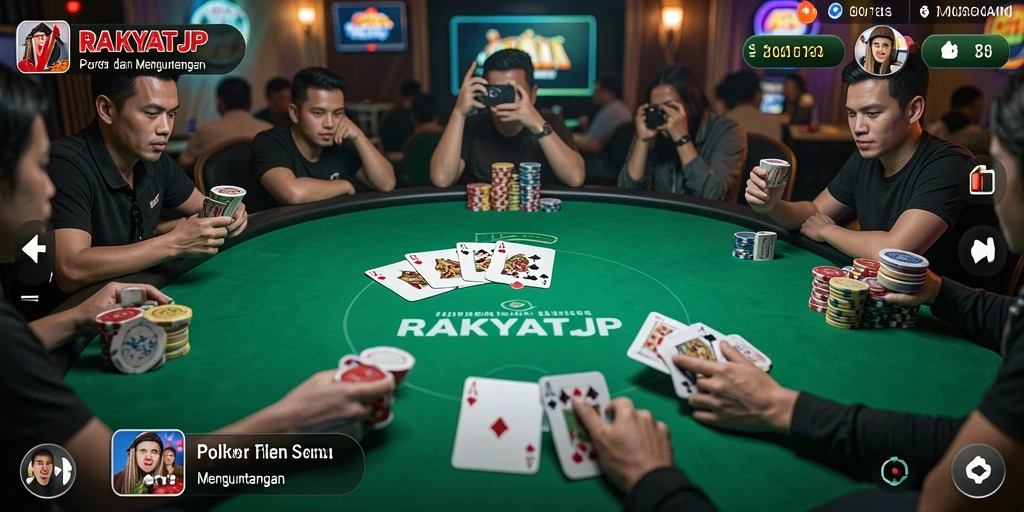Screenshot utama RAKYATJP menampilkan aksi seru dalam permainan poker.