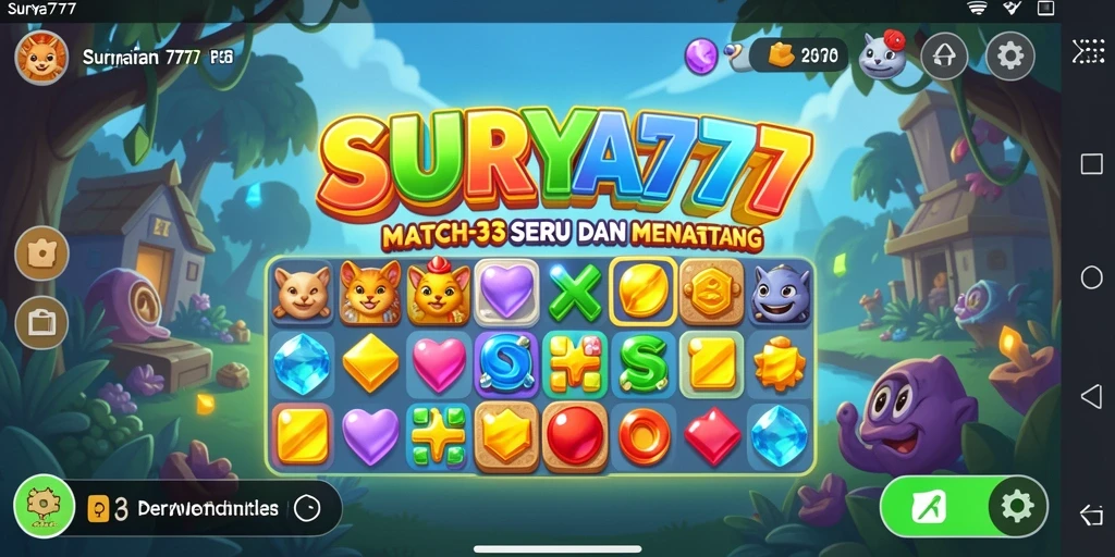 Screenshot SURYA777 menampilkan gameplay Match-3 yang penuh warna.